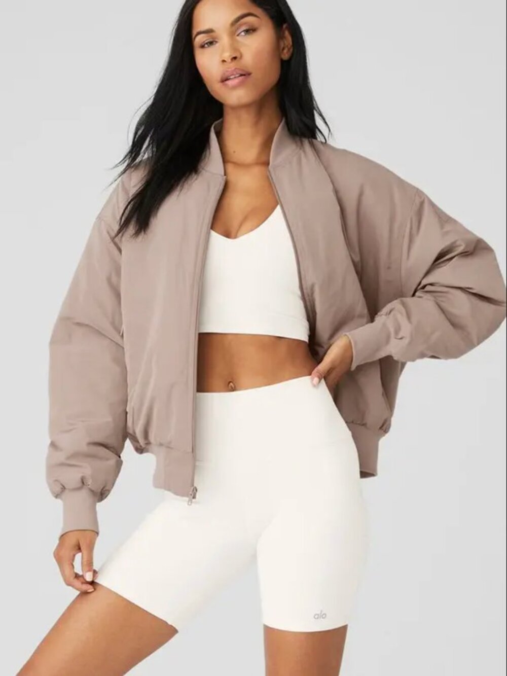 Alo Yoga Faux Fur Urbanite Bomber Jacket Taupe Ivory Size M